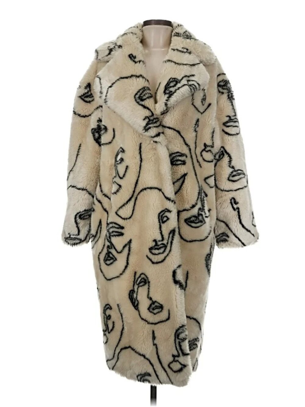 Jakke Katie Abstract Faces Faux Fur Coat.